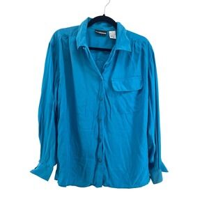 Diane Gilman Silk Button Down Shirt Blue Long Sleeve Pocket Medium